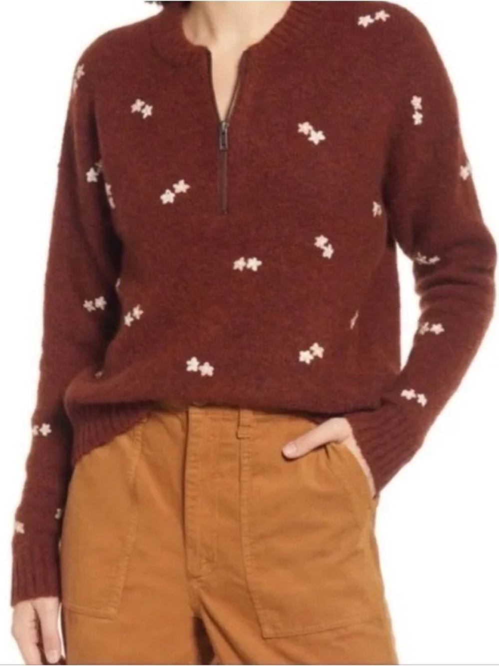 Madewell Half-Zip Floral Accent Sweater - Rust Brown